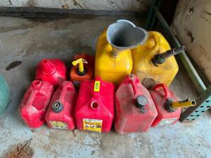 (1) LOT OF ASSORTED SMALLER GAS CANS AND (2) 5 GALLON FUEL CANS,