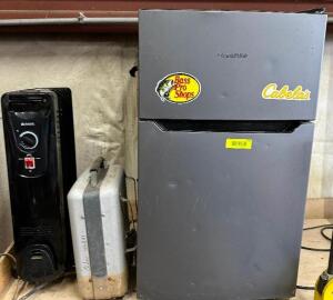 MINI FRIDGE AND (2) SMALL HEATERS.