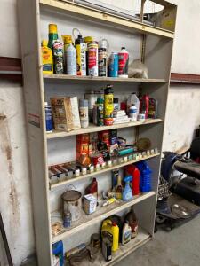 METAL PARTS SHELF AND CONTENTS - ASSORTED SPRAYS, CLEANERS, PAINTS, AND OILS.