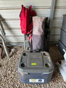 (2) CAMPING CHAIRS AND (1) COOLER.