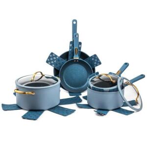 DESCRIPTION: (1) COOKWARE SET BRAND/MODEL: THYME & TABLE/TT0161 INFORMATION: BLUE/12-PIECES/GRAPHITE RETAIL$: 79.97 SIZE: 2.5, 3.5, 6 QT GLASS LIDS/8"