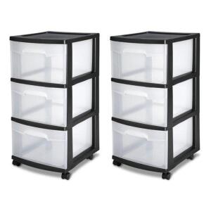 DESCRIPTION: (1) SET OF (2) PLASTIC DRAWER CART BRAND/MODEL: STERILITE/2830 INFORMATION: BLACK & CLEAR/3-DRAWER RETAIL$: 39.50 PER SET SIZE: 14-1/2" X