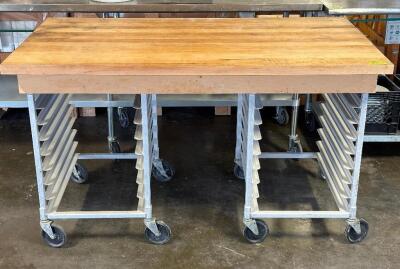 63" X 34" BUTCHER BLOCK PASTRY TABLE W/ (2) TRAY RACK BASES.