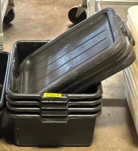 (4) BLACK PLASTIC BUS TUBS W/ LIDS