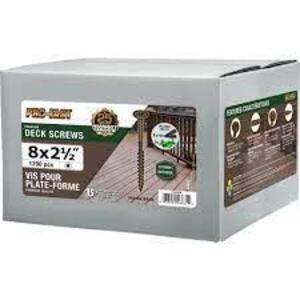 DESCRIPTION: (2) BOXES OF 1200 DECK SCREWS BRAND/MODEL: PRO-FAST #214-878 INFORMATION: BROWN RETAIL$: $70.00 EA SIZE: 8X2-1/2 QTY: 2