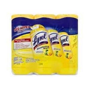 DESCRIPTION: (2) PACKS OF (3) CONTAINERS OF DISINFECTANT WIPES BRAND/MODEL: LYSOL DISINFECTANT WIPES SIZE: 150 WIPES PER CONTAINER RETAIL$: $10.00 EA