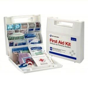 DESCRIPTION: (1) FIRST AID KIT AND HOUSING BRAND/MODEL: FIRST AID ONLY #488G73 SIZE: SERVES 50 PEOPLE RETAIL$: $61.50 EA QTY: 1