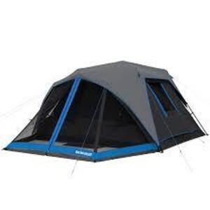 DESCRIPTION: (1) 6 PERSON INSTANT DARK REST CABIN TENT WITH LED LIGHT POLES BRAND/MODEL: OZARK TRAIL RETAIL$: $158.00 SIZE: 10' X 9' X 66" (H) QTY: 1