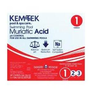 DESCRIPTION: (1) MURIATIC ACID BRAND/MODEL: KEMTEK POOL AND SPA SIZE: 1 GALLON RETAIL$: $20.00 EA QTY: 1