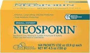 DESCRIPTION: (1) BOX OF (144) PACKETS OF FIRST AID OINTMENT BRAND/MODEL: NEOSPORIN SIZE: 0.9G PER PACKET RETAIL$: $65.00 EA QTY: 1