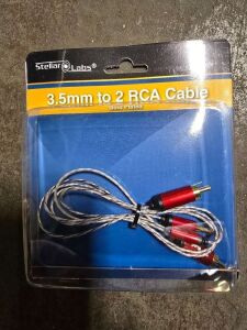 DESCRIPTION: (1) CASE OF APPROX (50) 3.5MM TO 2 RCA CABLE BRAND/MODEL: STELLAR LABS #24-16298 INFORMATION: BROWN SIZE: 1.5" RETAIL$: $7.75 EA QTY: 1