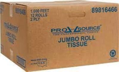 DESCRIPTION: (1) CASE OF (12) JUMBO TOLL TOILET PAPER BRAND/MODEL: PRO SOURCE #89816466 INFORMATION: WHITE RETAIL$: $107.70 SIZE: 1000X3-5/8 QTY: 1