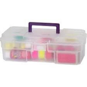 DESCRIPTION: (6) CRAFT BOX, STORAGE CONTAINER WITH LATCHBRAND/MODEL: AKRO-MILS #44XN98INFORMATION: CLEAR WITH PURPLESIZE: 6" x 12" x 4"RETAIL$: $10.49 EAQTY: 6