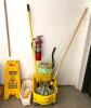 MOP BUCKET WITH WRINGER, SIGN, AND BUCKET WITH MOPS