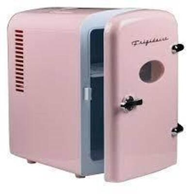 DESCRIPTION: 0.3 CU. FT. 6-CAN RETRO MINI FRIDGE IN PINK BRAND/MODEL: FRIGIDAIRE RETAIL$: $29.00 LOCATION: WAREHOUSE QTY: 1