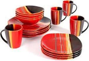 DESCRIPTION: BAZAAR RED 16-PIECE SQUARE DINNERWARE SET, RED/BLACK/WHITE/ORANGE STRIPES BRAND/MODEL: GIBSON RETAIL$: $67.99 LOCATION: WAREHOUSE QTY: 1