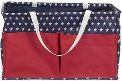 DESCRIPTION: RED, WHITE, AND BLUE KRUSH CANVAS UTILITY TOTE WITH POCKETS BRAND/MODEL: HOUSEHOLD ESSENTIALS RETAIL$: $17.25 LOCATION: WAREHOUSE QTY: 1