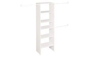 DESCRIPTION: BRIGHTWOOD 5-FT TO 10-FT W X 6.85-FT H WHITE WOOD CLOSET KIT BRAND/MODEL: CLOSETMAID RETAIL$: $139.89 LOCATION: WAREHOUSE QTY: 1