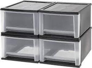 DESCRIPTION: PLASTIC STACKING DRAWER, 4-PACK STORAGE ORGANIZER UNIT BRAND/MODEL: IRIS RETAIL$: $45.58 SIZE: 7 QUART LOCATION: WAREHOUSE QTY: 1