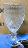 DESCRIPTION: VINTAGE INSPIRED PRESSED GLASS GOBLET, CLEAR (4 CT) BRAND/MODEL: THE PIONEER WOMAN RETAIL$: $17.49 LOCATION: WAREHOUSE QTY: 1 - 2