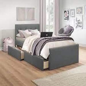 DESCRIPTION: EMORY UPHOLSTERED TWIN PLATFORM BED WITH 2 STORAGE DRAWERS- CHARCOAL BRAND/MODEL: HILLSDALE RETAIL$: $279.97 SIZE: TWIN LOCATION: WAREHOU