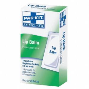 DESCRIPTION: (6) LIP BALM, BALM, BOX, WRAPPED PACKETS, 0.02 OZ, 0.5G, PK 10 BRAND/MODEL: FIRST AID ONLY RETAIL$: $3.40 EACH SIZE: 10 CT LOCATION: WARE