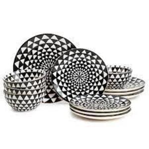 DESCRIPTION: 12-PIECE DINNERWARE BLACK & WHITE MEDALLION STONEWARE BRAND/MODEL: THYME & TABLE RETAIL$: $82.00 LOCATION: WAREHOUSE QTY: 1