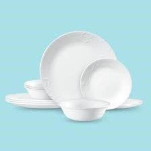 DESCRIPTION: MADELINE EMBOSSED, 12 PIECE, WHITE, DINNERWARE SET BRAND/MODEL: CORELLE RETAIL$: $36.69 LOCATION: WAREHOUSE QTY: 1