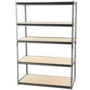 DESCRIPTION: SILVER 5-TIER BOLTLESS STEEL GARAGE STORAGE SHELVING (48 IN. W X 72 IN. H X 24 IN. D) BRAND/MODEL: MUSCLE RACK RETAIL$: $116.73 LOCATION: