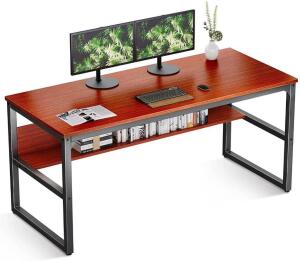 55" TEAK COMPUTER DESK WITH HUTCH BOOKSHELF