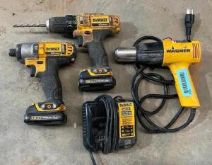 CORDLESS DRILL AND IMPACT DRILL WITH HEAT GUN AND BATTERY CHARGER