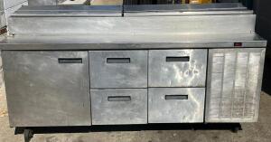 DESCRIPTION: DELFIELD 83" FOUR DRAWER SINGLE DOOR REFRIGERATED PREP TABLE. BRAND / MODEL: DELFIELD 28RC83R ADDITIONAL INFORMATION POWERED ON AND WORKI