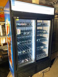 DESCRIPTION: QBD TWO SLIDING DOOR MERCHANDISER BOTTLE COOLER. BRAND / MODEL: QBD CD45-HC ADDITIONAL INFORMATION 115 VOLT, 1 PHASE. TESTED AND WORKING.