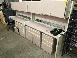 DESCRIPTION: (2) 60" WORK STATIONS W/ HUTCH AND (5) HALF SIZE FILE CABINETS. ADDITIONAL INFORMATION W/ CHAIR LOCATION: BAY 7 THIS LOT IS: ONE MONEY QT