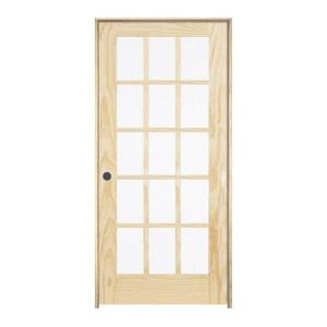 30 IN. X 80 IN. PINE UNFINISHED RIGHT-HAND 15 LITE SOLID WOOD SINGLE PREHUNG INTERIOR DOOR