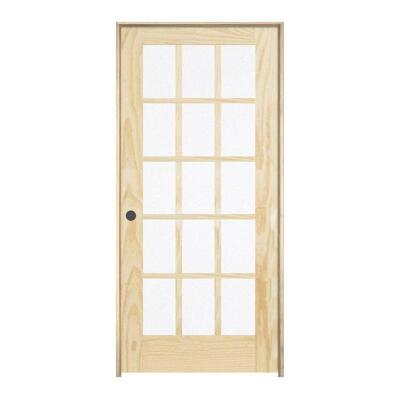 30 IN. X 80 IN. PINE UNFINISHED RIGHT-HAND 15 LITE SOLID WOOD SINGLE PREHUNG INTERIOR DOOR