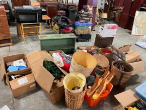 LARGE GROUP OF ASSORTED DECOR AND KITCHEN ITEMS SOLD AS SET.