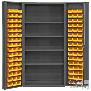 DESCRIPTION: (1) BIN CABINET BRAND/MODEL: DURHAM #1UBK5 INFORMATION: 4 SHELVES, 14 GAUGE PANEL, GRAY, DEEP BOX, YELLOW BINS INCLUDED SIZE: 36" X 24" X