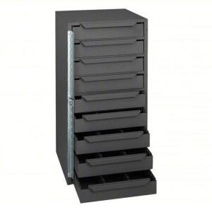 DESCRIPTION: (1) STORAGE CABINET WITH DRAWERS BRAND/MODEL: DURHAM #3KR10 INFORMATION: GRAY SIZE: 24 1/2 IN HT, 12 5/8 IN WD, 12 1/8 IN DP, 9 DRAWERS,