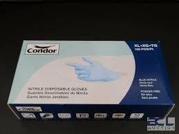 DESCRIPTION: (4) BOXES OF (100) NITRILE DISPOSABLE GLOVES BRAND/MODEL: CONDOR INFORMATION: BLUE SIZE: XL RETAIL$: $26.00 EA QTY: 4