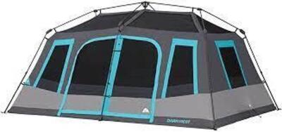 DESCRIPTION: (1) DARK REST INSTANT CABIN TENT BRAND/MODEL: OZARK TRAIL INFORMATION: BLUE AND GRAY RETAIL$: $200.00 SIZE: 10 PERSON QTY: 1