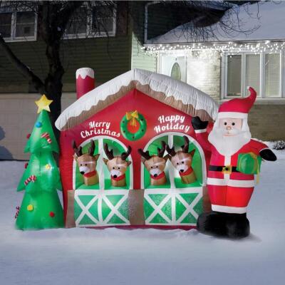 10.5 Foot Lit Inflatable Reindeer Stable with Santa