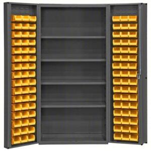 DESCRIPTION: (1) BIN CABINET BRAND/MODEL: DURHAM #1UBK5 INFORMATION: 4 SHELVES, 14 GAUGE PANEL, GRAY, DEEP BOX, YELLOW BINS INCLUDED SIZE: 36" X 24" X