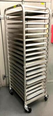 TWENTY PAN TRAY RACK W/ PLASTIC INSERTS.