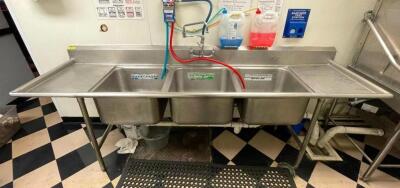 102" THREE WELL STAINLESS POT SINK W/ LEFT AND RIGHT DRY BOARDS.