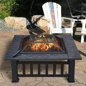 DAMAGED -REFUNDED 32 IN. W X 18 IN. H OUTDOOR SQUARE METAL WOOD/COALS BURNING FIRE PIT WITH COVER IN BLACK