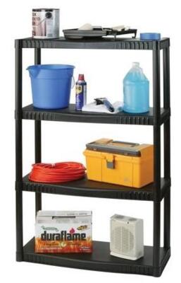 DESCRIPTION: (1) SHELVING UNIT BRAND/MODEL: PLANO MOLDING/93741 INFORMATION: BLACK/4-TIER RETAIL$: 33.99 SIZE: 34.25" X 14.5" X 55.25"H QTY: 1