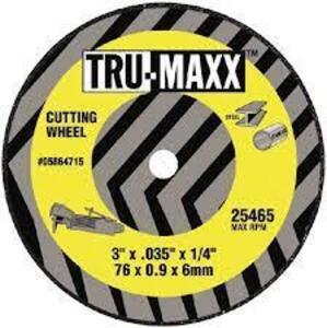 DESCRIPTION: (25) CUTTING WHEELS BRAND/MODEL: TRU-MAXX #71178982 RETAIL$: $2.94 EA SIZE: 3X1/32 3/8 HOLE 60 GRIT QTY: 25