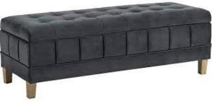 DESCRIPTION: (1) TUFTED STORAGE OTTOMAN BRAND/MODEL: CYMAX #UCB1819001WWE INFORMATION: GUNMETAL ROYAL BLUE RETAIL$: $171.99 SIZE: 17"D X 49.5"W X 8"H