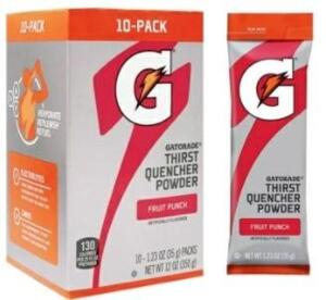 DESCRIPTION: (2) BOXES OF (10) STICKS OF SPORTS DRINK CONCENTRATE BRAND/MODEL: GATORADE INFORMATION: FRUIT PUNCH RETAIL$: $15.00 EA SIZE: 1.23 OZ PER